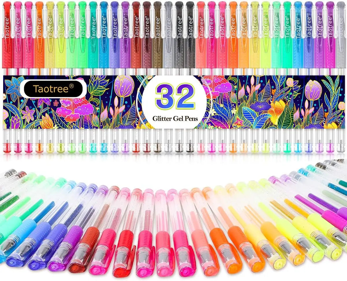32-Color Glitter Gel Pens Set with Fine Tip, Neon & Sparkle for Adult Coloring Books, Drawing & Journaling