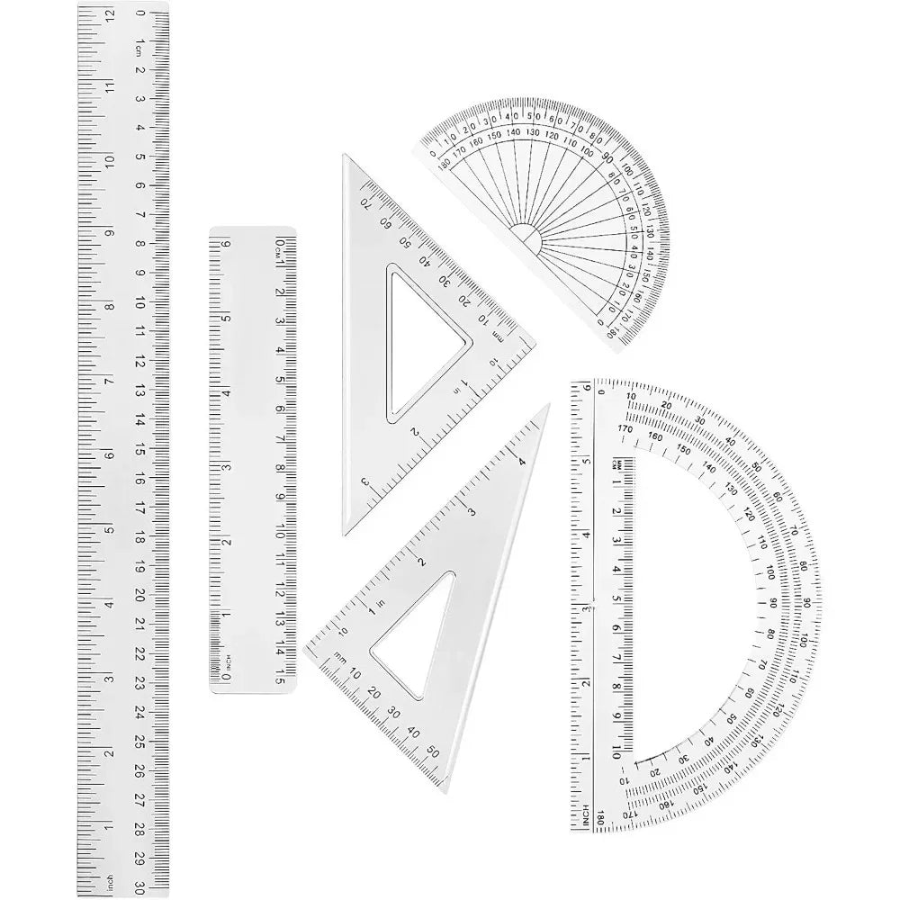 6-piece set, includes protractor, triangle, 12/6-inch ruler, geometric math ruler, clear ruler