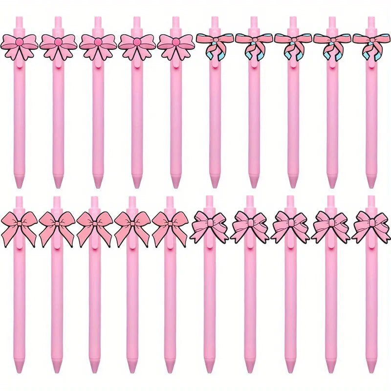 20pcs Lovely Pink Bow Series Retractable Gel Pens for Writing, PVC Soft Rubber Press Gel Pen with Black Refill, Nice Pens